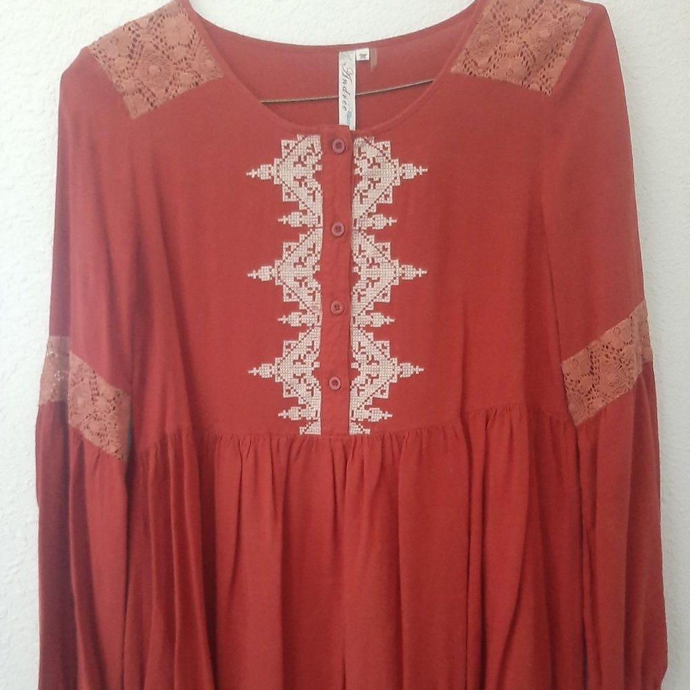 Andree'Blue Blouse with Embroidery & Lace